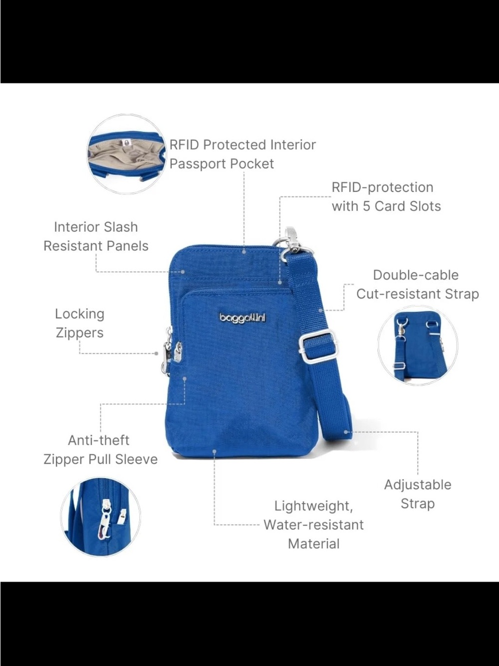 Baggallini Securtex Classic Anti Theft Activity Crossbody Bag Lapis Blue Travel - Picture 10 of 12